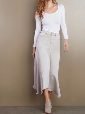 Wash Lab Selma Pieced Maxi Skirt Asymmetric Frayed Hem Almond Denim Women 30 NWT